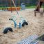 Fahrradständer für 8 Fahrräder auf einem Spielplatz mit Sandboden.