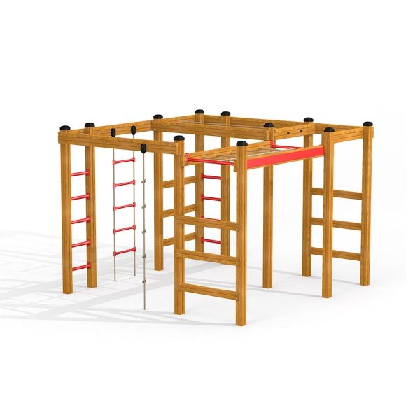 Holz-Klettergerüst für Kinder mit Rutschstange und Sprossenwänden.