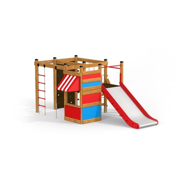 Klettergerüst mit Rutsche, Kletterwand und bunten Paneelen für Kinder.