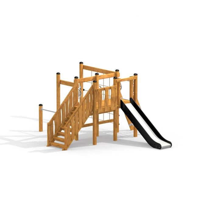 Holz-Spielturm mit Rutsche und Kletterleiter für Kinder.