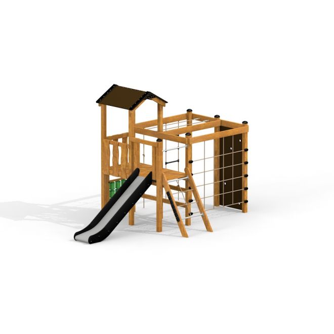 Kletterturm mit Rutsche und Kletternetz aus Holz im Garten.