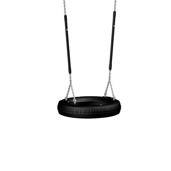 Schaukelsitz: Schwarze Reifenschaukel mit Ketten und Sitzpolstern für Spielplatz.