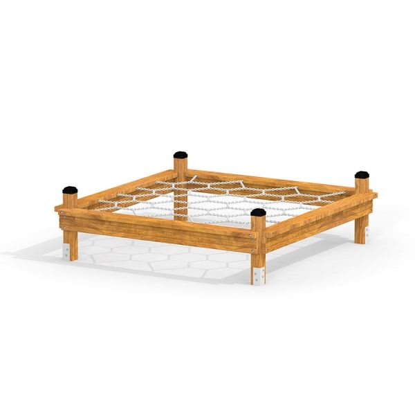 Holz-Balancierspielnetz für Kinder auf weißem Hintergrund.