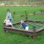 Kinder spielen auf einem Balancierspielnetz im Garten.